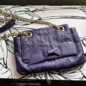 Carolina Herrera Purple Audrey Monogram Leather Handbag with Gold Chain and Bow